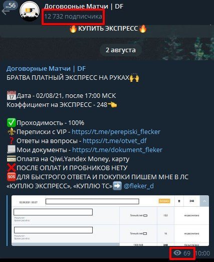 Аудитория и просмотры Телеграм канала Договорные Матчи DF