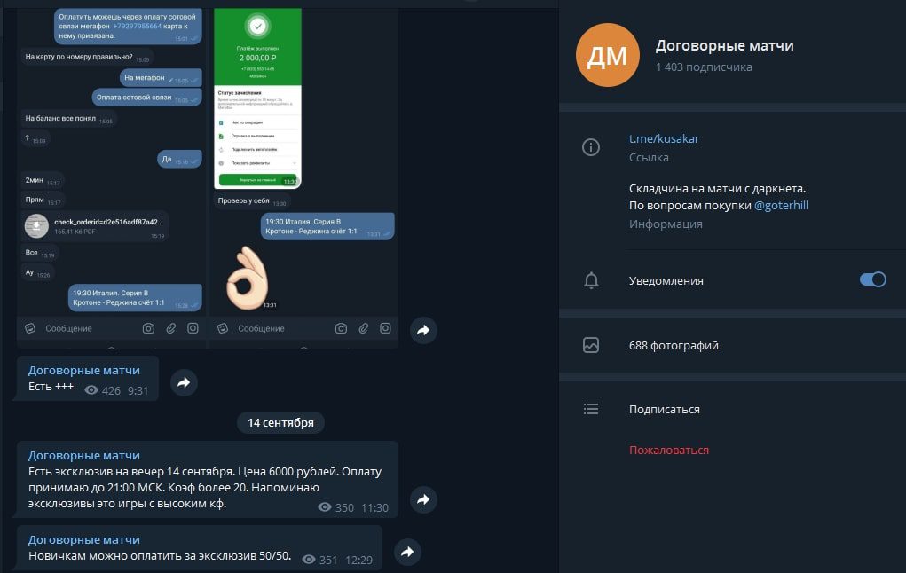 Работа Телеграмм канала «Договорные матчи»